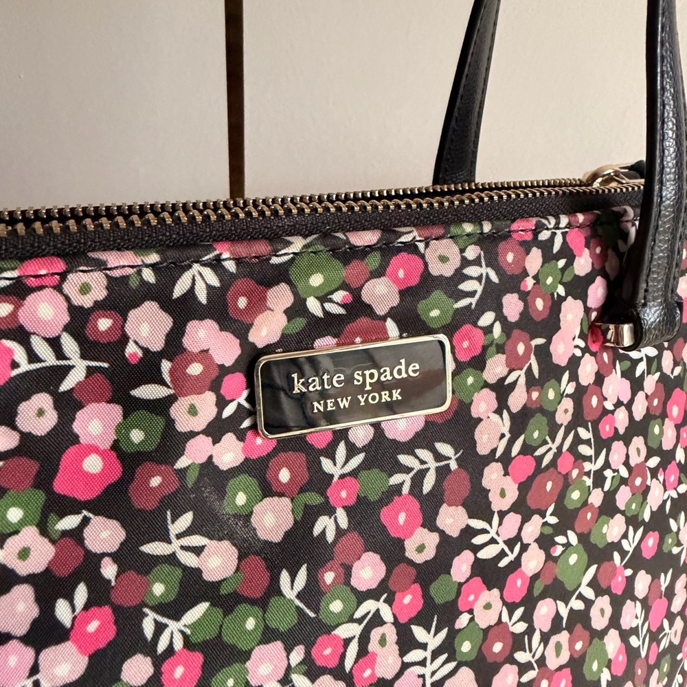 kate spade Black Floral Tote with Pink and White Blossoms and Green Leaves - Picture 2 of 14